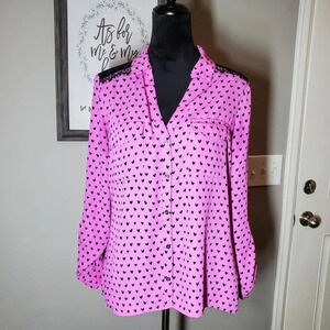 Candie's Medium Purple Black Heart Lace Blouse Roll Tab Sleeves Size Medium